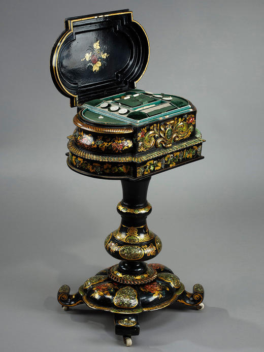 独角鹿西洋古董法国描金手绘漆木镶嵌母贝椭圆多功能桌配缝纫套件 商品图2