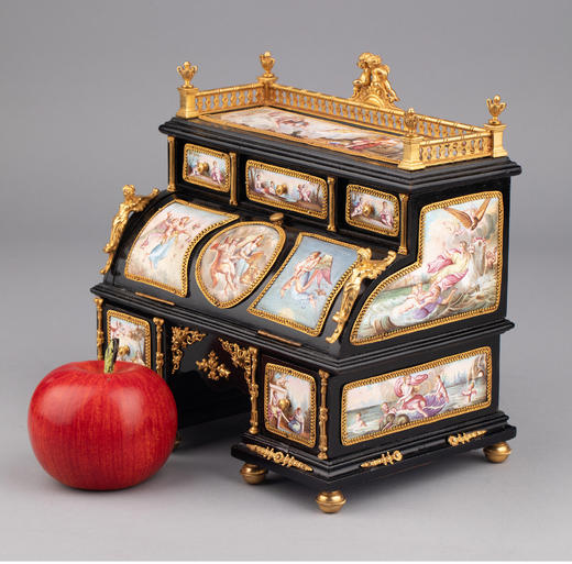 独角鹿西洋古董法国铜鎏金神祇手绘珐琅微缩抽屉翻盖橱桌式音乐盒 商品图1