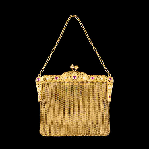 独角鹿西洋古董法国18K黄金镶嵌钻石粉色蓝宝石网状编织晚宴包 商品图0