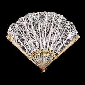 独角鹿西洋古董法国新艺术花卉主题吕克瑟伊蕾丝扇面牛角扇骨折扇