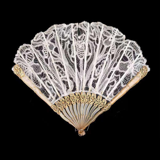 独角鹿西洋古董法国新艺术花卉主题吕克瑟伊蕾丝扇面牛角扇骨折扇 商品图0