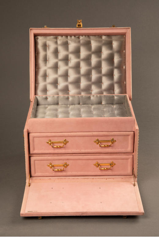 独角鹿西洋古董法国铆钉花纹浅粉色麂皮丝绸里衬多层珠宝箱 商品图1