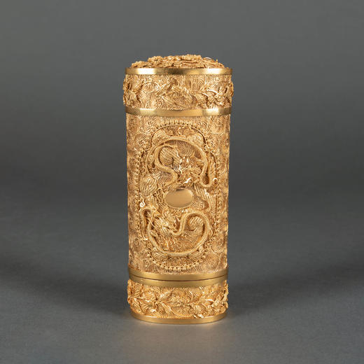 独角鹿西洋古董1825年代中国出品银镀金累丝龙凤主题椭圆传信筒 商品图0