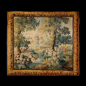 独角鹿西洋古董法国奥布松织造工坊溪水潺潺主题大型羊毛丝绸挂毯