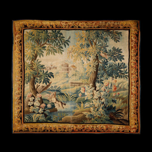 独角鹿西洋古董法国奥布松织造工坊溪水潺潺主题大型羊毛丝绸挂毯 商品图0
