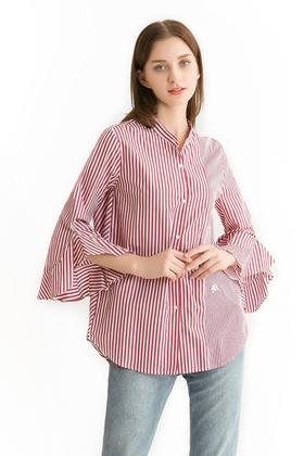 Mo&Co.摩安珂 红白条纹荷叶袖衬衫 340