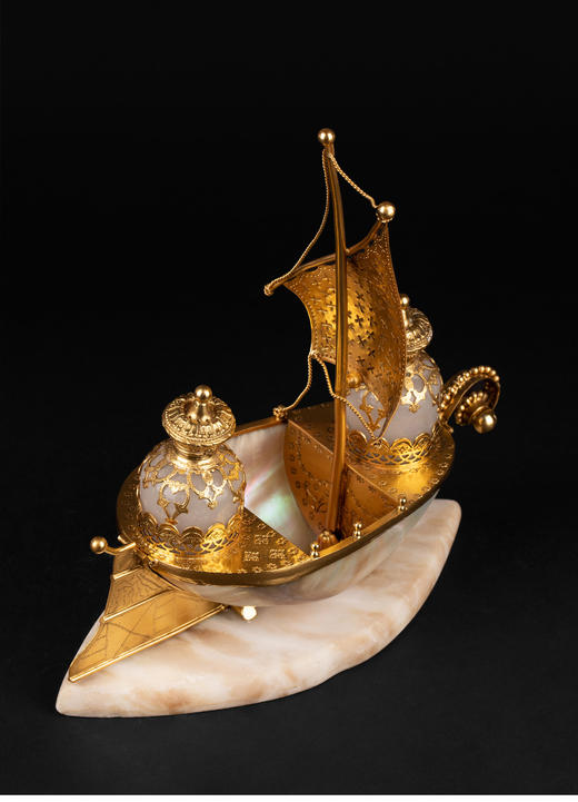 独角鹿西洋古董法国铜鎏金母贝帆船造型托盘欧泊色玻璃香水瓶套装 商品图4