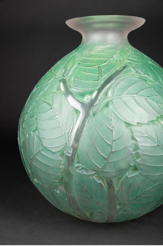 独角鹿西洋古董摆件法国LALIQUE莱俪MILAN叶纹款绿色欧泊水晶花瓶 商品图2