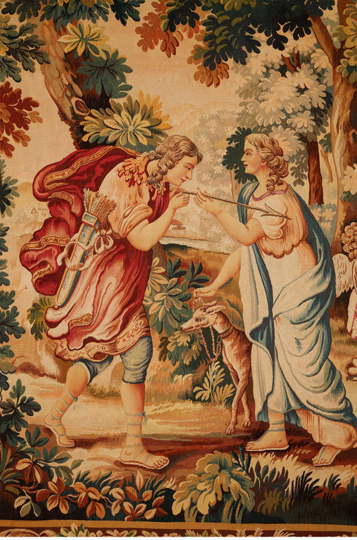 独角鹿西洋古董法国奥布松织造工坊爱之甘泉主题羊毛丝绸挂毯 商品图1