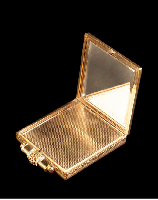 独角鹿西洋古董法国宝诗龙18K金花叶纹镶红宝石钻石化妆盒化妆镜 商品图2