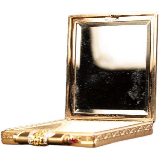 独角鹿西洋古董法国宝诗龙18K金花叶纹镶红宝石钻石化妆盒化妆镜 商品图4