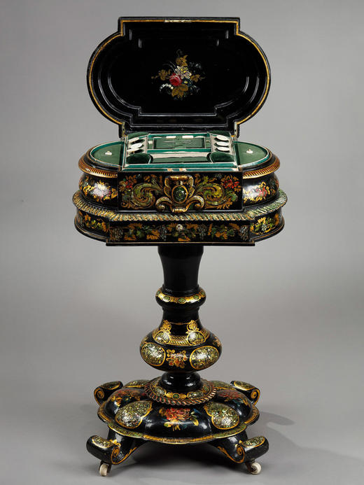 独角鹿西洋古董法国描金手绘漆木镶嵌母贝椭圆多功能桌配缝纫套件 商品图3