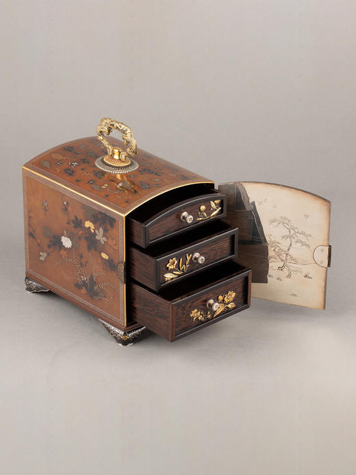 独角鹿西洋古董野川社工坊纯银底座祥瑞花鸟青铜鎏金箪笥首饰盒 商品图2