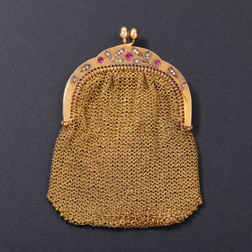 独角鹿西洋古董法国18K金镶嵌钻石花叶纹饰黄金编织女士零钱包