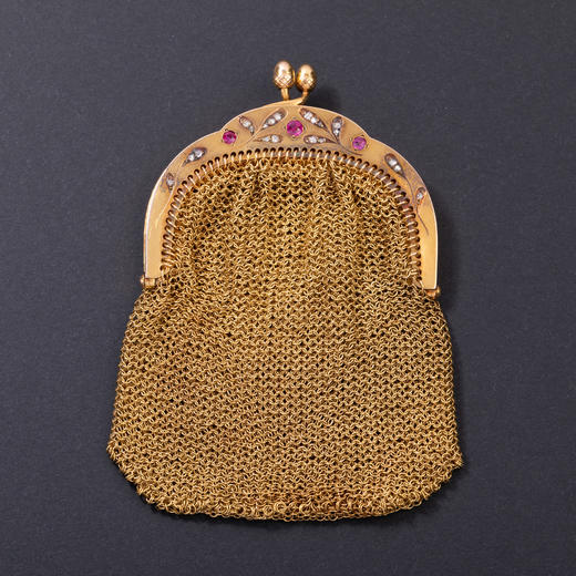 独角鹿西洋古董法国18K金镶嵌钻石花叶纹饰黄金编织女士零钱包 商品图0