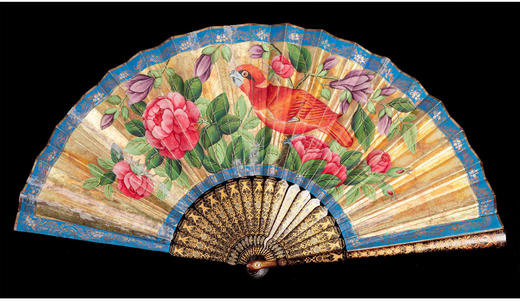 独角鹿西洋古董广东十三行描金漆木扇骨双面手绘庭院风景纸面折扇 商品图2