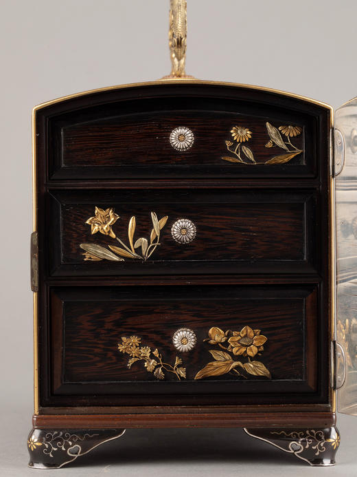 独角鹿西洋古董野川社工坊纯银底座祥瑞花鸟青铜鎏金箪笥首饰盒 商品图3