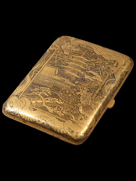 独角鹿西洋古董日本明治时期东方蟠龙与古塔庭园主题布目象嵌烟盒 商品图4