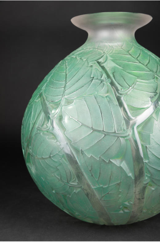 独角鹿西洋古董摆件法国LALIQUE莱俪MILAN叶纹款绿色欧泊水晶花瓶 商品图1