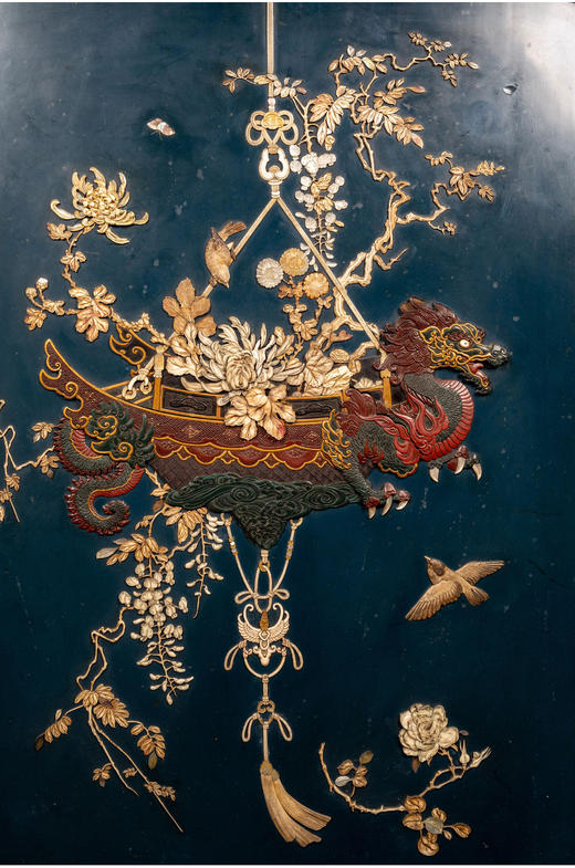 独角鹿西洋古董家居日本明治时期蓝漆地传统博古主题芝山镶嵌画 商品图2