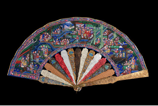 独角鹿西洋古董广东十三行银鎏金累丝烧蓝贝壳檀木双面手绘折扇 商品图1