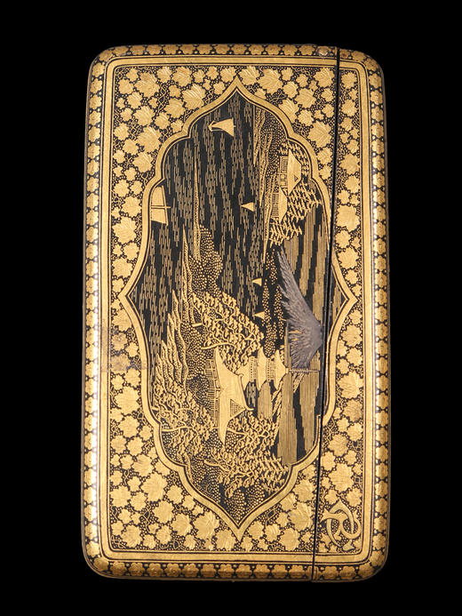 独角鹿西洋古董日本明治时期京都駒井签名水滨白鹭布目象嵌烟盒 商品图1