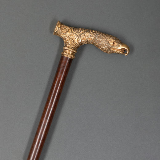 独角鹿西洋古董法国黄金鹰首雕刻卷草纹浮雕杖柄铃兰木杖身手杖 商品图0