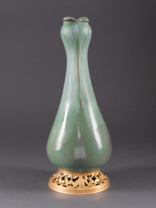 独角鹿西洋古董1900年代欧洲新艺术风格铜鎏金底座绿色紫光花瓶 商品图2