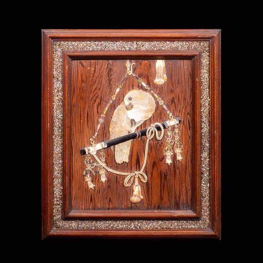 独角鹿西洋古董家居饰品1880年代日本明治时期鹦鹉主题芝山镶嵌画 商品图0