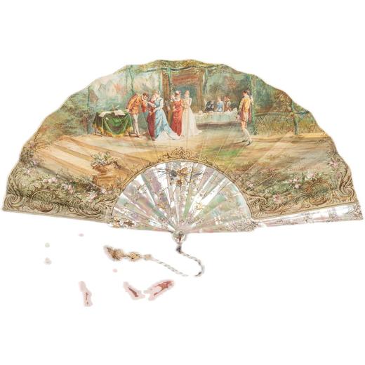 独角鹿西洋古董法国著名画师签名手绘天鹅皮扇面描金母贝扇骨折扇 商品图4