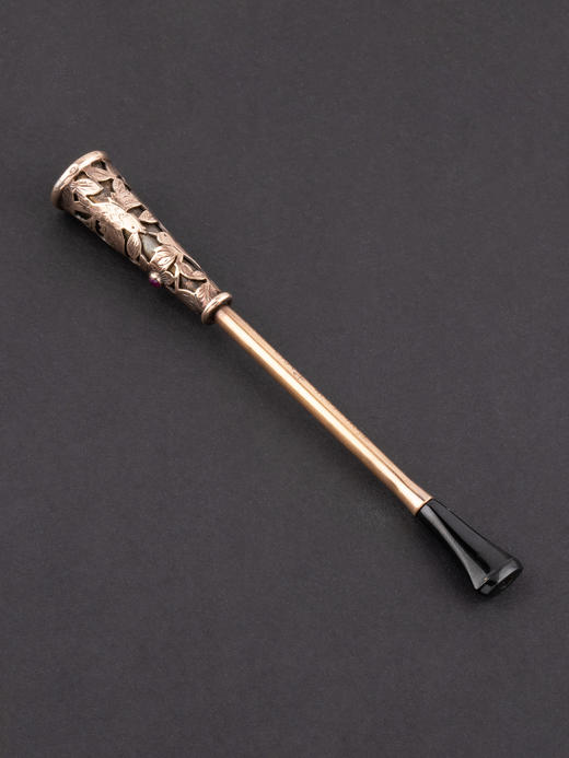 独角鹿西洋古董宝诗龙黄金白银镶红宝石飞鸟蝴蝶花卉烟嘴口红套件 商品图2