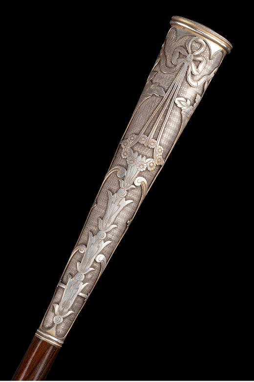 独角鹿西洋古董法国新艺术风花卉纹饰银镀金杖柄硬木杖身古董手杖 商品图2