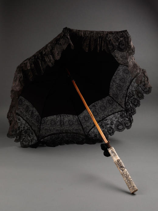 独角鹿西洋古董牛骨精雕伞柄花卉黑色尚蒂依蕾丝伞面古典淑女阳伞 商品图1