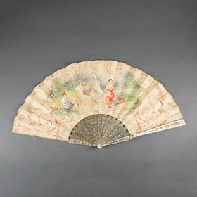 独角鹿西洋古董法国Ameile Guihem镂雕母贝扇骨手绘美人折扇 
