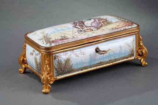 独角鹿西洋古董法国利摩⽇铜鎏⾦饰田园爱恋画珐琅珍宝盒首饰盒 商品图1