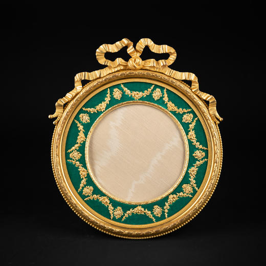 独角鹿西洋古董法国路易十六风铜鎏金浮雕镶嵌绿色天鹅绒圆形相框 商品图0