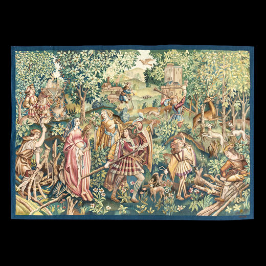 独角鹿西洋古董20世纪法国奥布松工坊贵族巡猎主题羊毛丝绸挂毯 商品图0