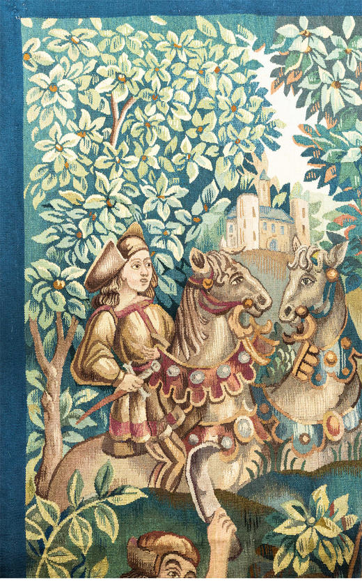 独角鹿西洋古董20世纪法国奥布松工坊贵族巡猎主题羊毛丝绸挂毯 商品图1