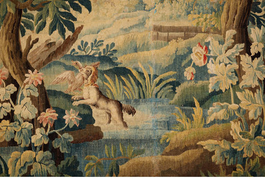 独角鹿西洋古董法国奥布松织造工坊溪水潺潺主题大型羊毛丝绸挂毯 商品图1