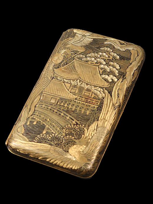 独角鹿西洋古董日本明治时期祥瑞龙凤与传统楼阁主题布目象嵌烟盒 商品图2
