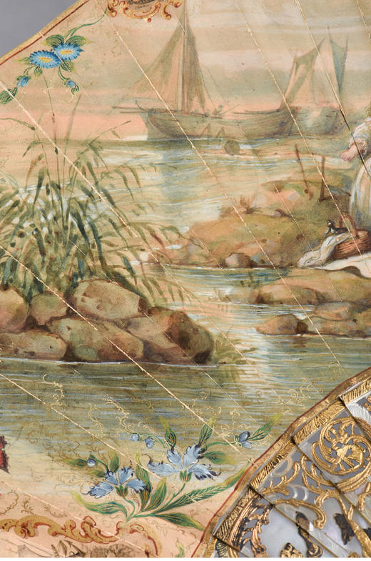 独角鹿西洋古董贵族出游主题手绘小羊皮扇面描金镂雕母贝扇骨折扇 商品图1