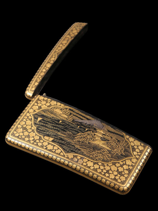 独角鹿西洋古董日本明治时期京都駒井签名水滨白鹭布目象嵌烟盒 商品图3