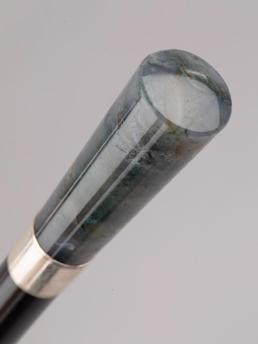 独角鹿西洋古董欧洲深绿色藓纹玛瑙杖柄银质杖圈硬木杖身古董手杖 商品图1