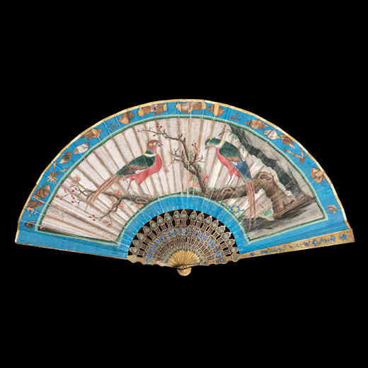 独角鹿西洋古董广东十三行银鎏金累丝烧蓝扇骨双面手绘纸面折扇 商品图0