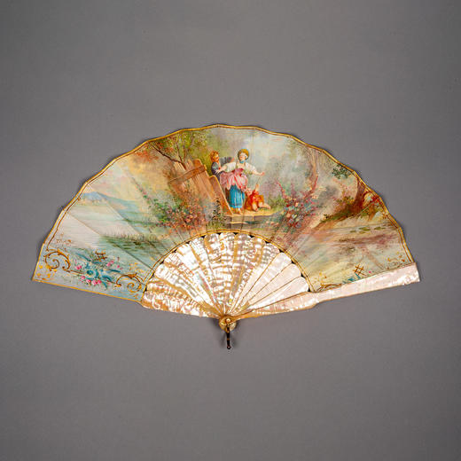 独角鹿西洋古董欧洲画师签名洛可可风格手绘纸面扇面母贝扇骨折扇 商品图0