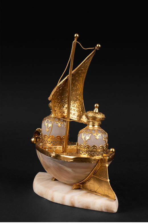 独角鹿西洋古董法国铜鎏金母贝帆船造型托盘欧泊色玻璃香水瓶套装 商品图2