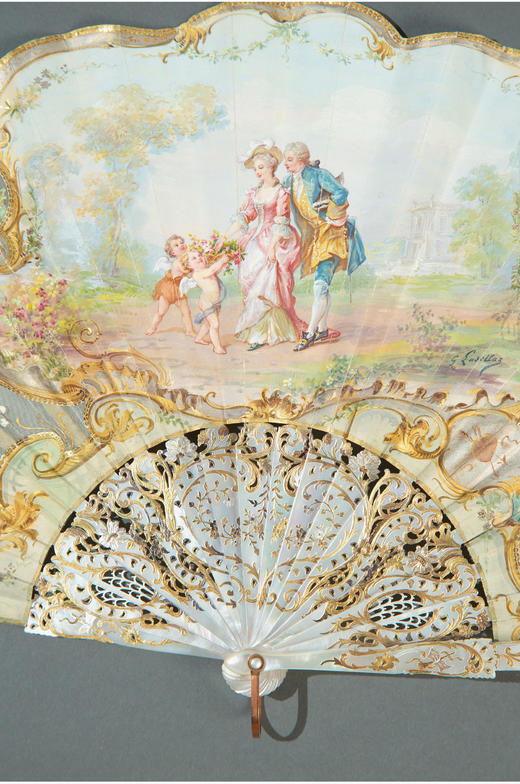 独角鹿西洋古董法国Duvelleroy镂雕母贝珠片刺绣手绘蕾丝折扇 商品图4