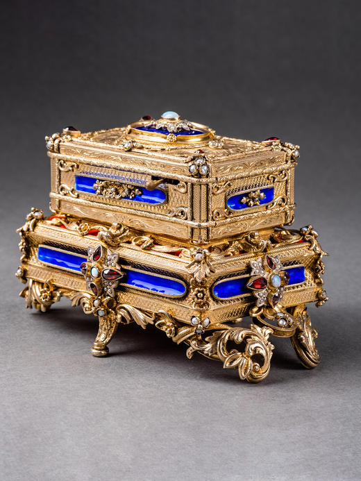 独角鹿西洋古董德国工坊银鎏金镶天然珍珠宝石珐琅双层鸣鸟八音盒 商品图2