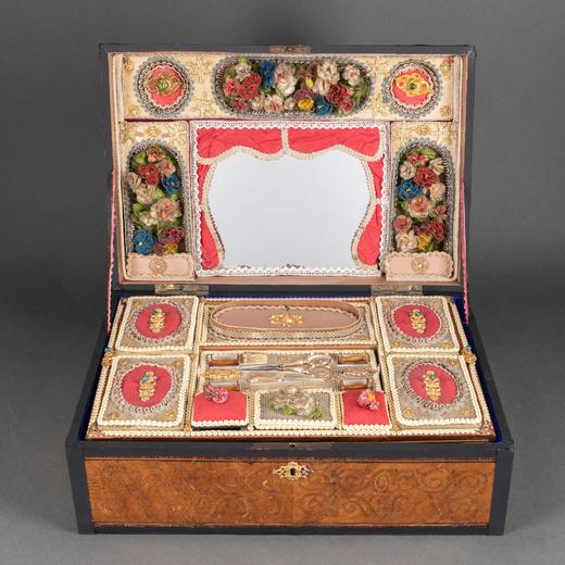 独角鹿西洋古董法国出品铜鎏金银镀金细木镶嵌针线盒缝纫套件 商品图0