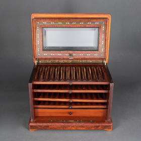 独角鹿西洋古董拿破仑三世时细木镶嵌母贝铜玻璃外壳多层雪茄柜盒